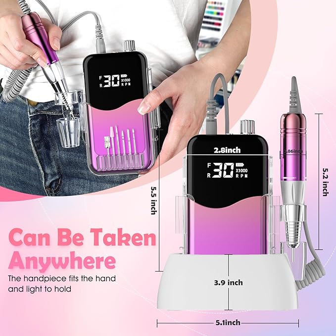 CIVPOWER Nail Drill Professional: 35000RPM Electric Nail File - Portable Rechargeable LED Display Nail Tool Kit- Manicure Pedicure Salon Home DIY Purple