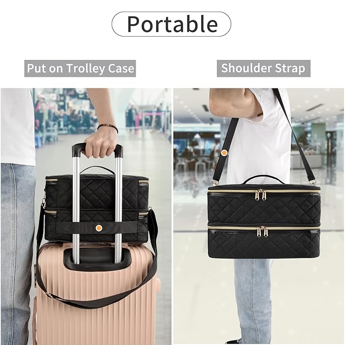 Ethereal Nail Polish Organizer Case Holds 50+ Bottles(15ml/0.5fl.oz) and Nail Lamp, Double Layer Nail Polish Storage Bag for Nail Kit, Manicure Tools, Black