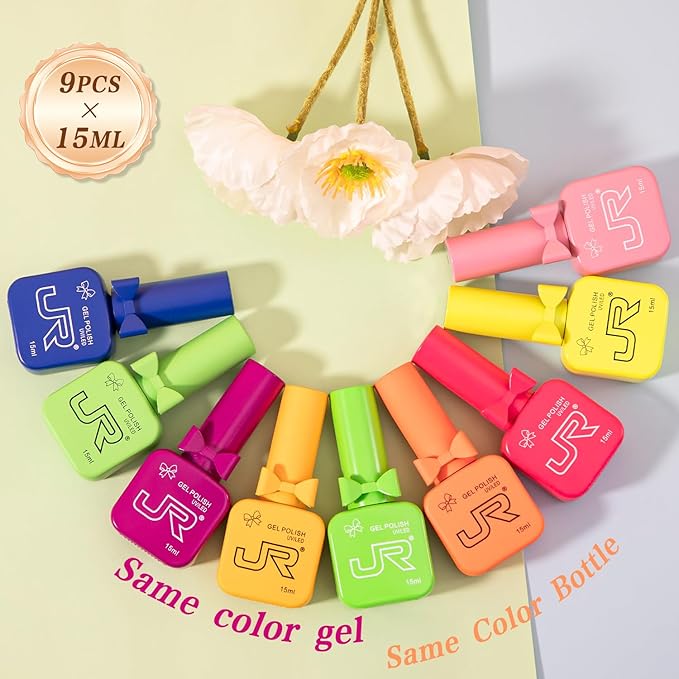 JR 9pcs 0.5oz Neon Gel Nail Polish Set Including Red Pink Nude Blue Orange Profesional Gel Polish Kit Soak Off Polish Home DIY Soak Off UV LED Nail Gel Kit DIY Manicure