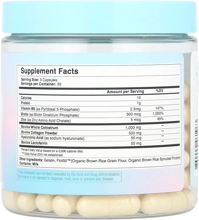 WONDERCOW Hair Skin and Nails Vitamins w/Bovine Colostrum, Collagen, Hyaluronic Acid, Biotin, Zinc, & Lactoferrin┃Supports Faster Hair Growth, Stronger Nails and Glowing Skin (30 Servings, Capsule)