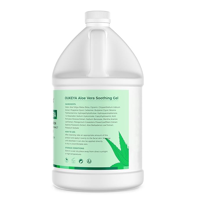 OUKEYA 1 Gallon, Aloe Vera Gel – Soothing, Hydrating, and Nourishing for Face & Body | 98% Natural Aloe Vera, Pure & Organic for After Sunburn Relief, Skincare & Hair Hydration, Calming Moisturizing