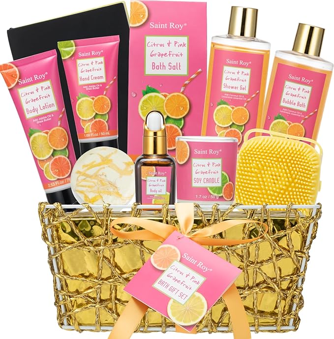 Bath & Body Gift Set, Luxury Christmas Gifts for Women Citrus Pink Grapefruit Spa Kit Gift Woman, 11 Pcs Self Care Kit Gifts With Bubble Bath, Massage Oil, Bath Brush, Birthday Gifts for Women