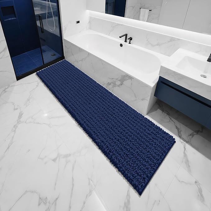 Yimobra Bathroom Runner Rug 70x24 Inch - Extra Long Non Slip Chenille Bath Mat, Soft & Absorbent, Machine Washable Shaggy Hallway Carpet for Vanity Tub Shower, Navy Blue Home Decor Accessories