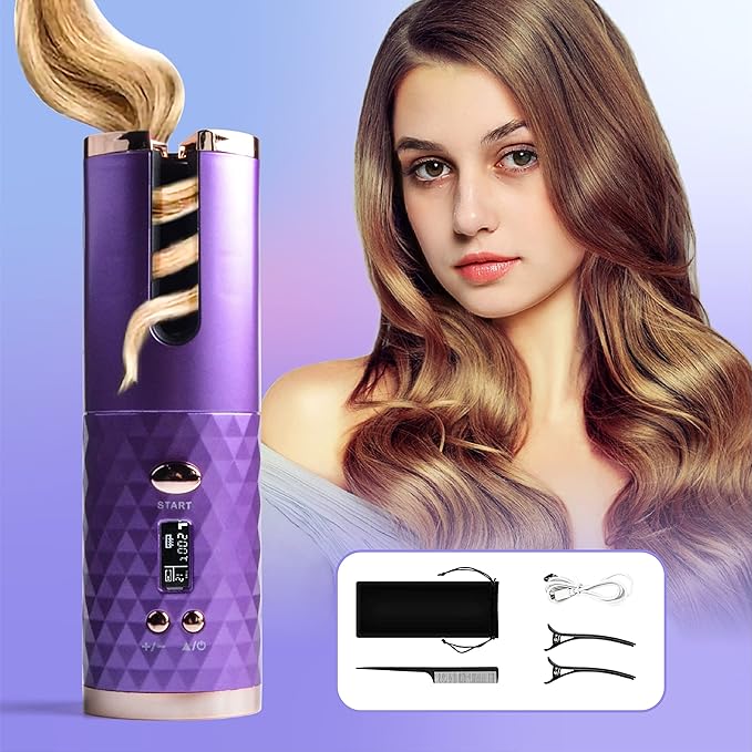 Automatic Curling Iron, Hair Curling Iron for Hair Styling, Cordless Auto Hair Curler, with 6 Temps and Timers, Auto Shut-Off, Fast Heating, Rechargeable Cordless Hair Curler 1 (Purple)
