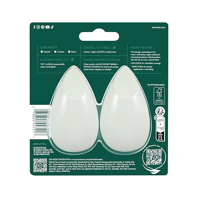 EcoTools Blurring Blender Makeup Sponge Duo, Makeup Blender Sponge For Blurred Skin, For Liquid & Cream Foundation, Cloud Coverage Memory Foam, Eco Friendly & Latex Free, Cruelty-Free & Vegan, 2 Count
