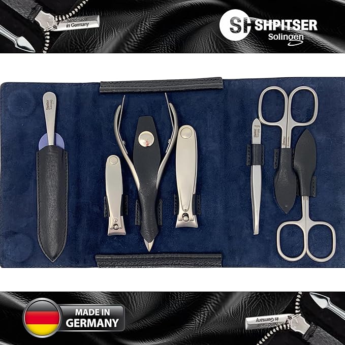 SHPITSER Professional 7pc TopInox Surgical Stainless Steel Tools Manicure Pedicure Set in Genuine Durable Leather Case Handmade in Solingen Germany for Nail and Cuticle Care