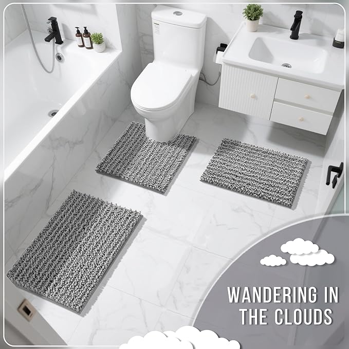 Yimobra Bathroom Rugs Non Slip Washable 32x20 Inch - Ultra Soft Absorbent Chenille Bath Mat, Quick Dry Shaggy Floor Carpet for Tub Shower, Gray Home Decor Accessories