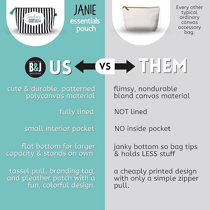 Brooke & Jess Designs Teacher Essentials Pouch Gifts for Women Striped Makeup Bags Cosmetic Bag Travel Toiletry Makeup Pouch Pencil Bag with Zipper Best Just Because Gifts