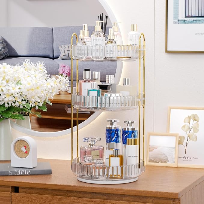 GTI 360°Rotating Makeup Organizer, 3 Tier Large Capacity Perfume Cosmetics Skincare Vanity Organizers,Bathroom Counter Organizer, Dresser Spinning Countertop Organizer and Storage for Women (Clear)