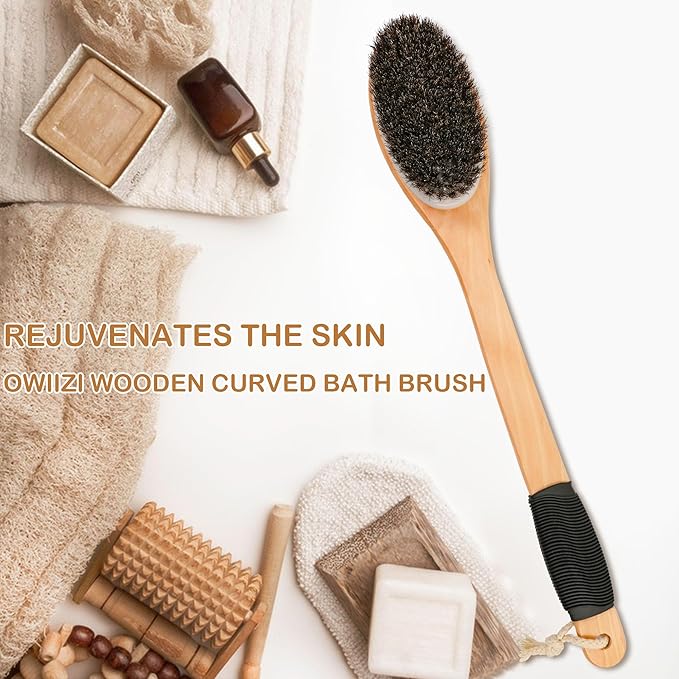 OWIIZI Horsehair Bath Brush Wooden Curved Long Handle Antiskid Shower Brush for Exfoliating, Natural Mane Scrubber for Back Use Wet or Dry,Back Scrub Deep Cleanse-17.2inches