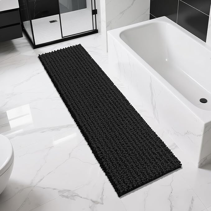 Yimobra Bathroom Runner Rug 70x24 Inch - Extra Long Non Slip Chenille Bath Mat, Soft & Absorbent, Machine Washable Shaggy Hallway Carpet for Vanity Tub Shower, Black Home Decor Accessories