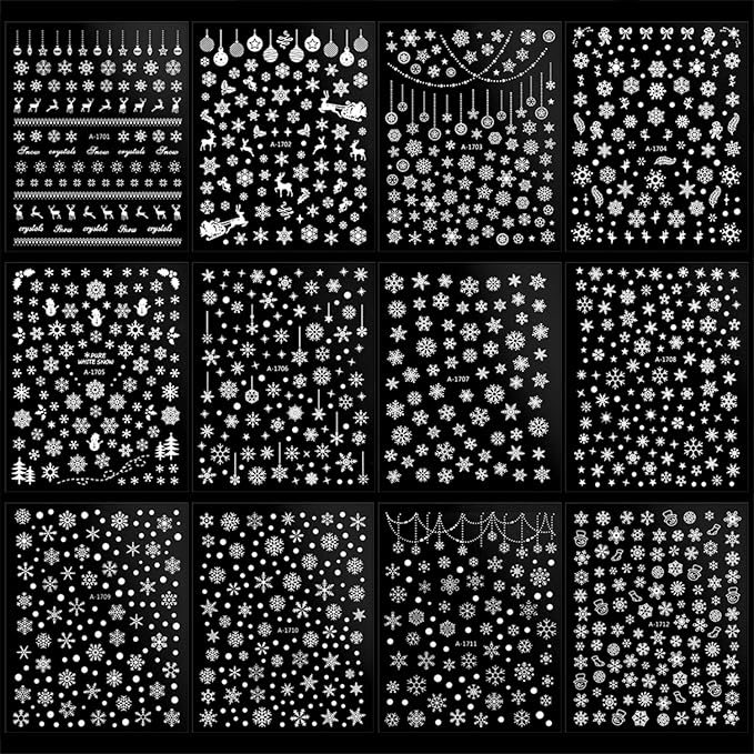 12 Sheets Christmas Nail Art Stickers 3D Holiday Stickers Self Adhesive Christmas Nail Decals Snowflake Art Supplies Decoration Accessories for Women & Girls