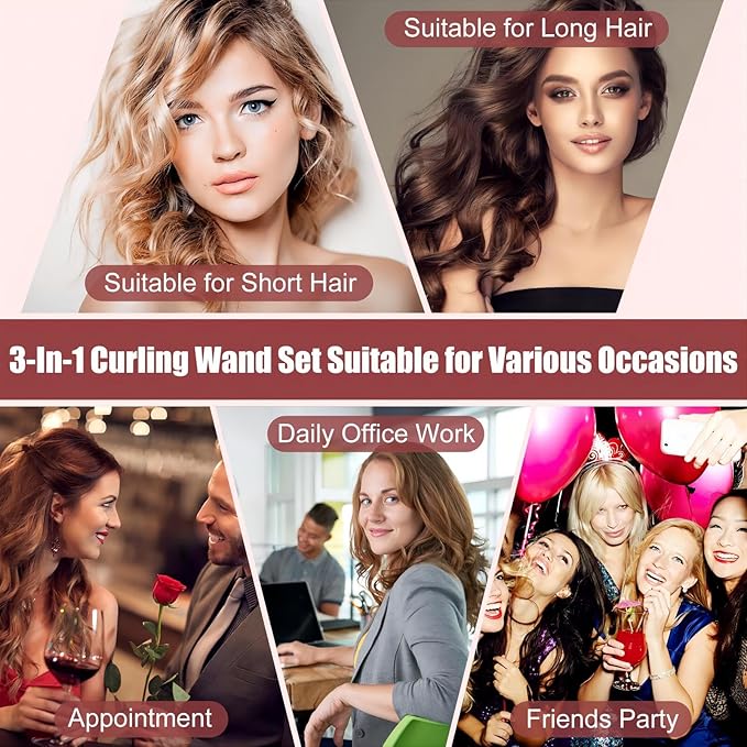 3 in 1 Curling Wand Set - SIQUER Hair Waver Curling Iron for Women with 3 Interchangable Ceramic Beach Waves Wands 1/2 Inch to 1 1/4 Inch Fast Heating Up Hair Curler with Box (Rose, Black)