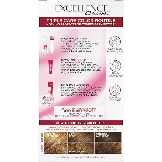 L'Oreal Paris Excellence Crème Permanent Hair Dye, Triple Care Hair Color with Pro-Keratine Complex for 100% Gray Hair Coverage, 6G Light Golden Brown, 1 Kit