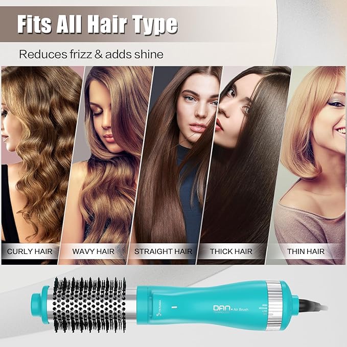 Dan Technology 1.5 Inch Titanium-Ceramic Hot Air Thermal Brush, Heated Round Barrel Blowout Brush with Negative Ions for Smooth Volume & Shiny Hair, Gentle Airflow 2 Speeds & 3 Heat Settings 120V Cyan