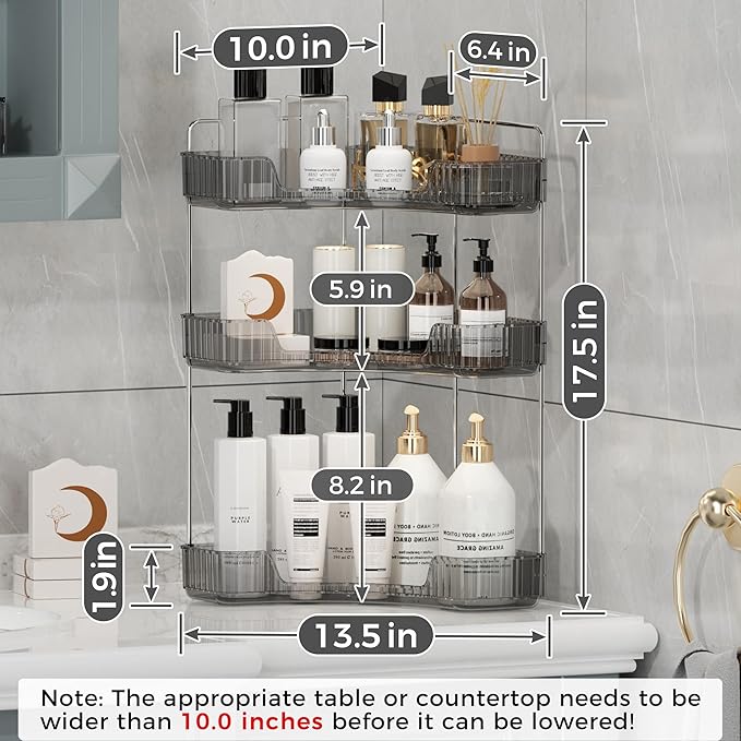 YCIA&DONE Corner Bathroom Counter Organizer, Makeup Organizer for Vanity, Skincare Cosmetic Perfume Tray, Corner Countertop Shelf Rack Storage for Bathroom Kitchen 3Tiers (Smoky Gray)