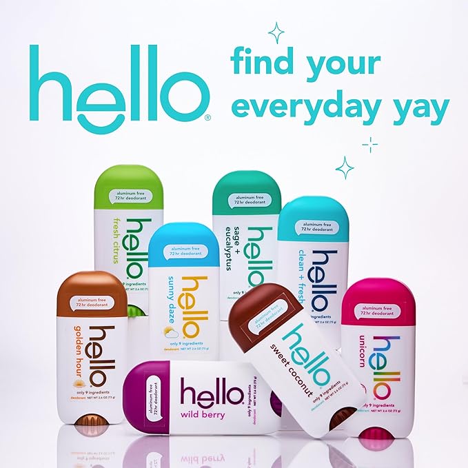 hello Sunny Daze Aluminum Free Deodorant for Women and Men with Shea Butter, 24-Hour Freshness, Baking Soda Free Deodorant, Dermatologically Tested, 2.6 oz Stick, 2 pack