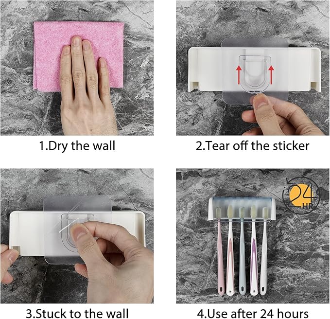 5 Slots Wall Mount Toothbrush Holder with Cover, Self Adhesive Toothbrush Storage Organizer for Shower, Toothbrush Hanger for Bathroom, Medicine Cabinet, Dorm(White + Blue)