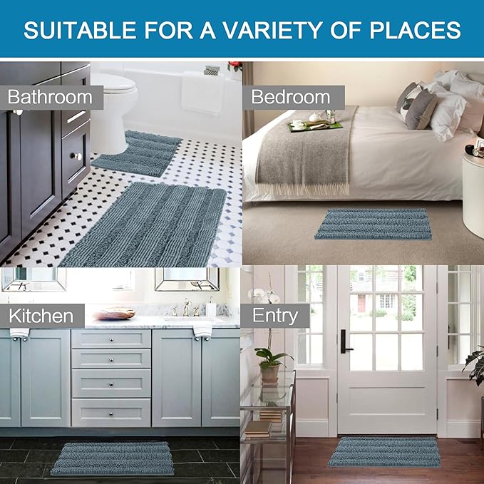 H.VERSAILTEX Bathroom Rugs Bath Rug Set 2 Piece Bathroom Contour Rug Toilet Mat Sets Non Slip Contour Bath Rug Set Ultra Thick Water Absorbent Striped Washable(20" x 32" Plus 20" x 20" U, Stone Blue)