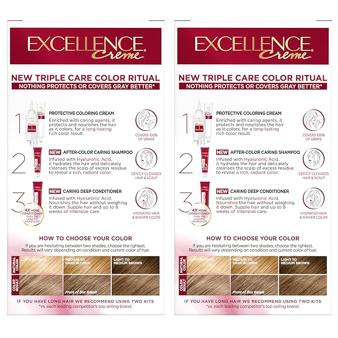 L'Oreal Paris Excellence Crème Permanent Hair Dye, Triple Care Hair Color with Pro-Keratine Complex for 100% Gray Hair Coverage, 7.5A Medium Ash Blonde, 1 Kit (Pack of 2)