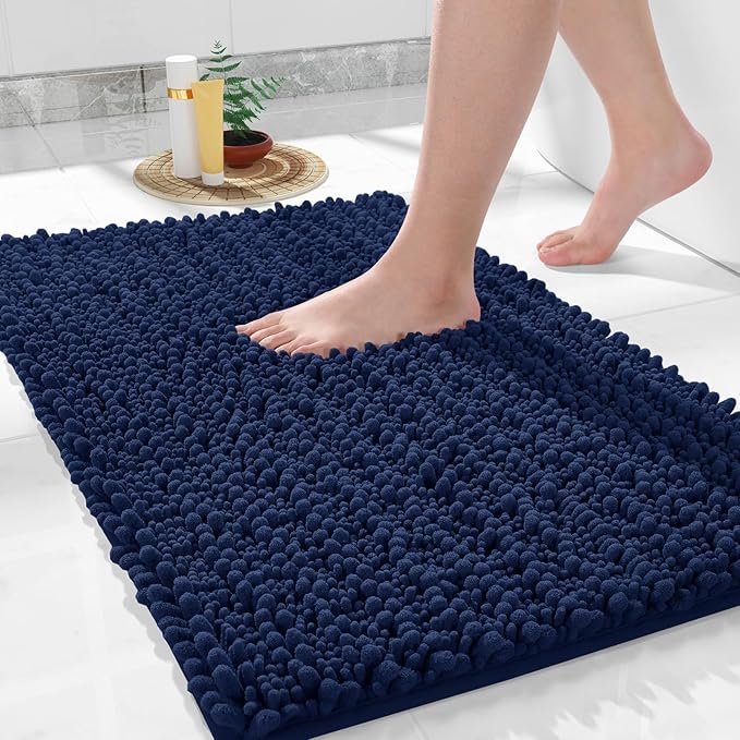 Yimobra Bathroom Rugs Non Slip Washable - Ultra Soft Absorbent Chenille Bath Mat, Quick Dry Shaggy Floor Carpet for Tub Shower, Navy Blue Home Decor Accessories, 24x17 Inch