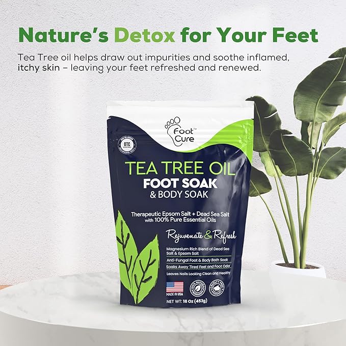 Tea Tree Oil Foot Soak with Epsom Salt - For Toenail Repair, Athletes Foot, Softens Calluses, Soothes Sore & Tired Feet, Nail Discoloration, odor Scent, Spa Pedicure Care - Made in USA 16 oz