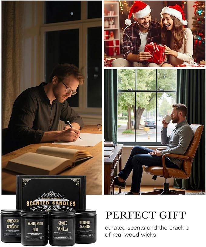 Crackling Wood Wick Candles for Men: 4 Pack 36oz Soy Scented Candles for Home Scented, Up to 200H Burning, Masculine Mens Candle Set, Aromatherapy Candle Gift Set for Fathers Birthday Christmas Gifts