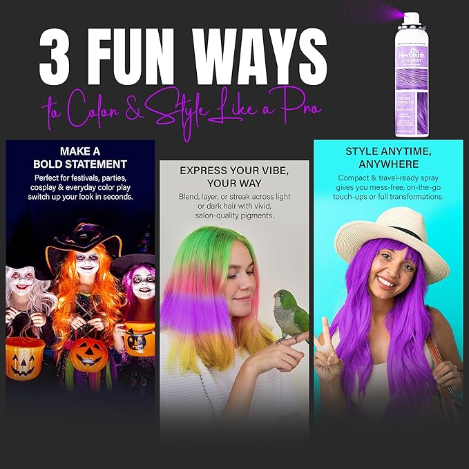 Herbishh Koloret Pastel Lavender Hair Tint Spray (69g), Washable Temporary Dye Mist for Light & Dark Hair, Quick-Dry, Non-Sticky, Travel-Friendly Root Touch Up Spray for Women