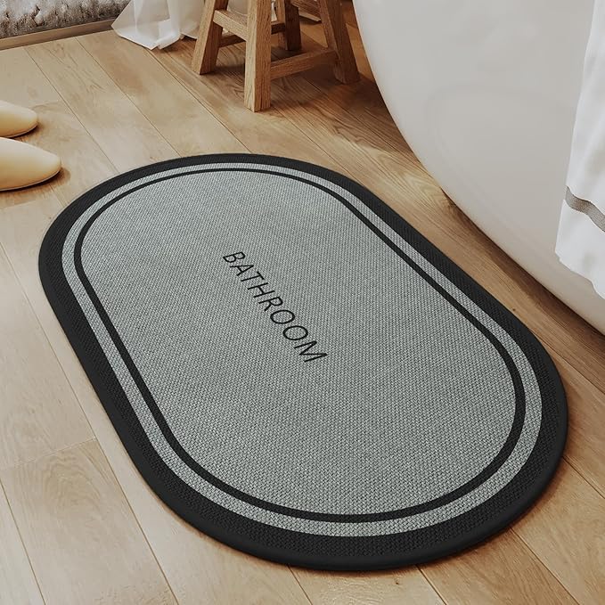 Non-Slip Bath Mat with Upgraded Rubber-Backing, Washable Thin Bath Mats for Bathroom Floor, Absorbent Woven Bathroom Rugs, Quick Dry, Fits Under Door, 24x36, Border Grey