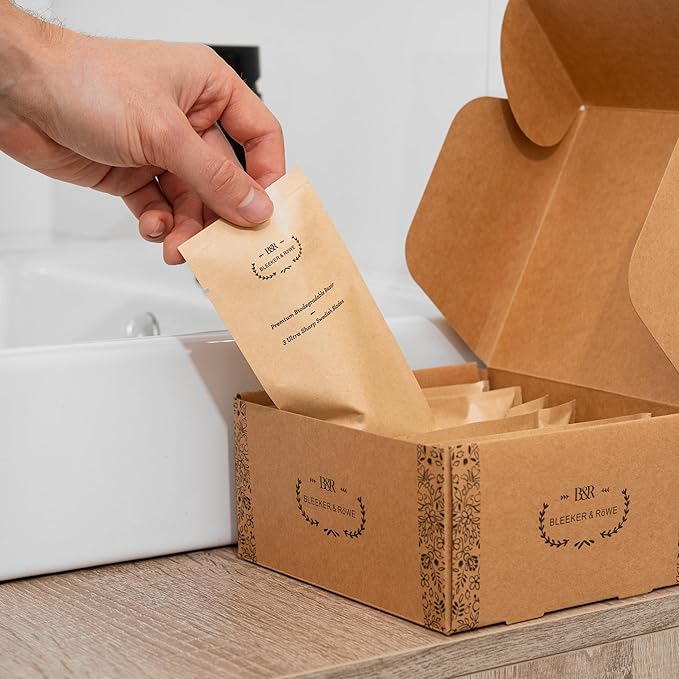 Bleeker and Rowe Eco Friendly Biodegradable Disposable Razors - Plant Based - Triple Swedish Steel Blades - Individually Wrapped (10)