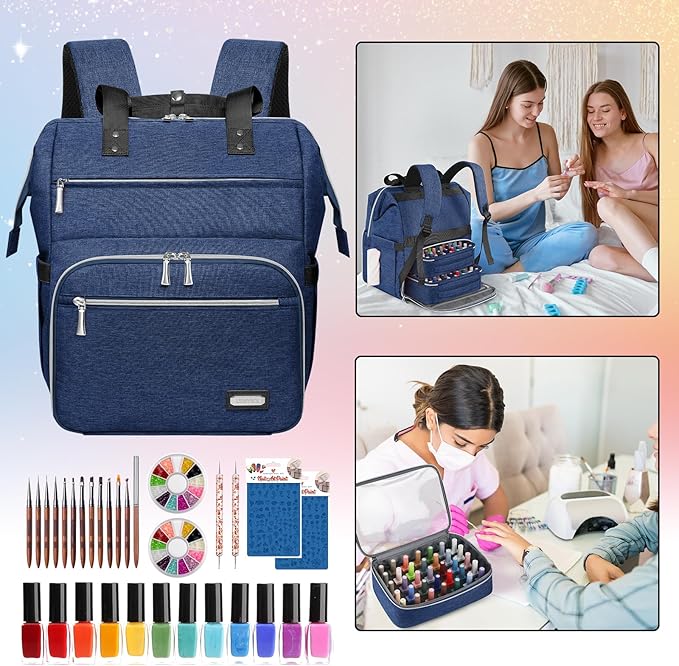 LTINVECK Nail Polish Organizer Case Backpack Holds 70 Bottles (15ml/0.5fl.oz)& Nail Lamp, 2 Layers Detachable Nail Kit Storage Case, Large Travel Nail Supplies Shoulder Bag for Manicure Tools (Blue)