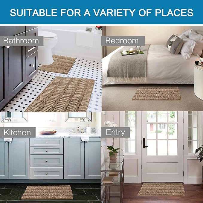 H.VERSAILTEX Bathroom Rugs Bath Rug Set 2 Piece Bathroom Contour Rug Toilet Mat Sets Non Slip Contour Bath Rug Ultra Thick Water Absorbent Striped Bath Mats(36" x 24" Plus 20" x 24" U, Taupe Brown)