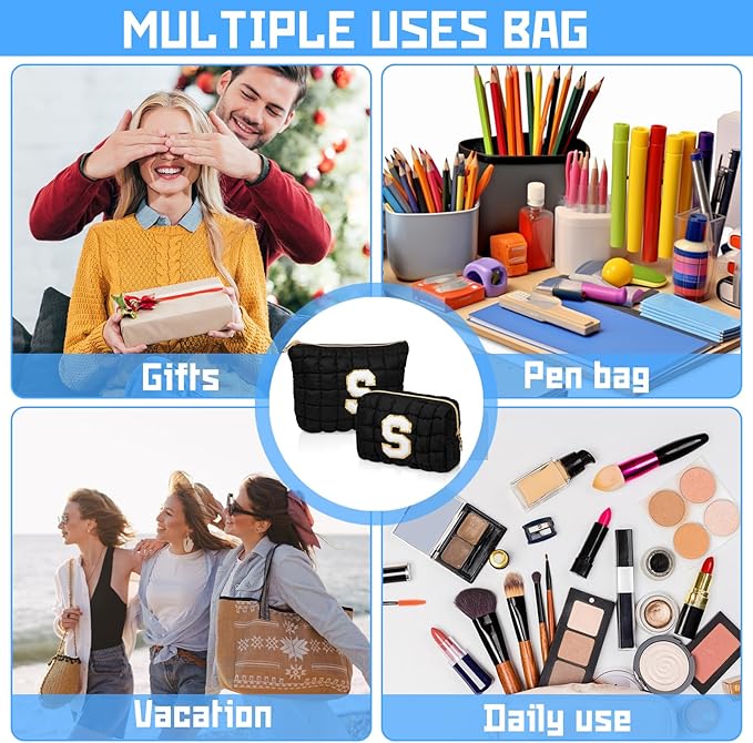 2PCS Initial Checkered Makeup Bag, Large Quilted Cosmetic Bag, Cute Make up Pouch for Purse, Travel Toiletry Storage Bag for Women Preppy Teen Girls Gift Trendy Stuff Gift (Black A)