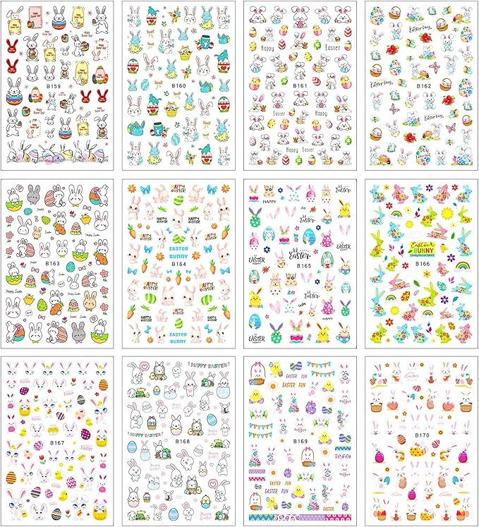 12 Sheets Easter Nail Art Stickers 3D Self Adhesive Cute Bunny Nail Stickers for Nail Art Colorful Egg Nail Decals Easter Nail Supplies for Women Girls