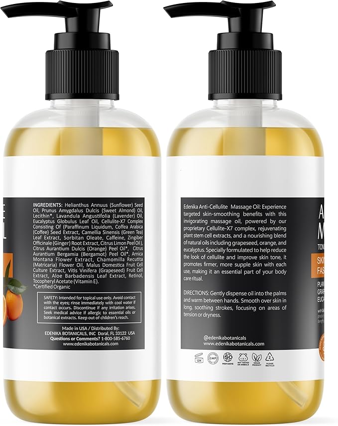 Anti Cellulite Massage Oil for Massage Therapy with Grapeseed Oil, Retinol & Stem Cells, Skin Firming Oil for Body, Legs, Thighs & Butt, Muscle Relief & Hydrates Skin, 2-Pack