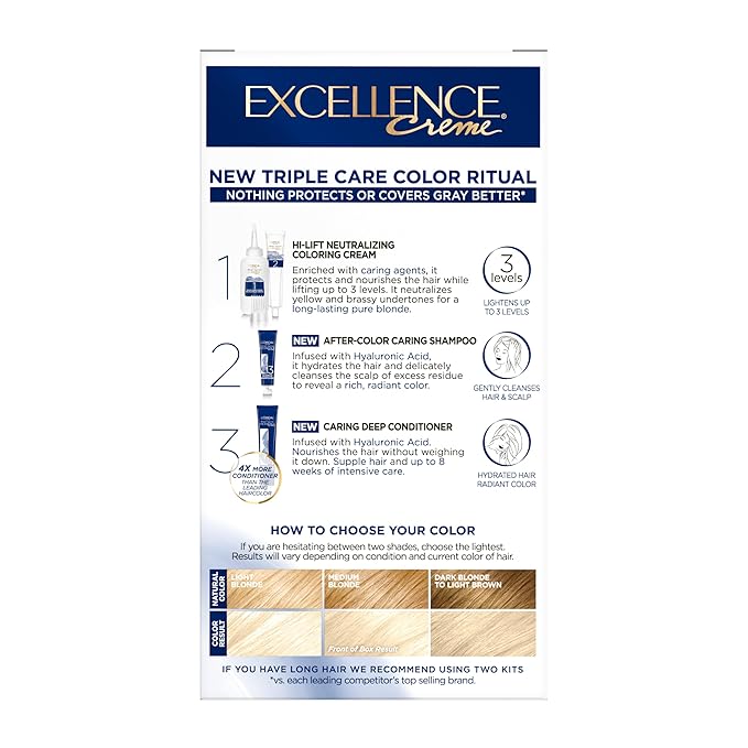L'Oreal Paris Excellence Crème Permanent Hair Dye, Triple Care Hair Color with Pro-Keratine Complex for 100% Gray Hair Coverage, 01 Extra Light Natural Ash Blonde, 1 Kit