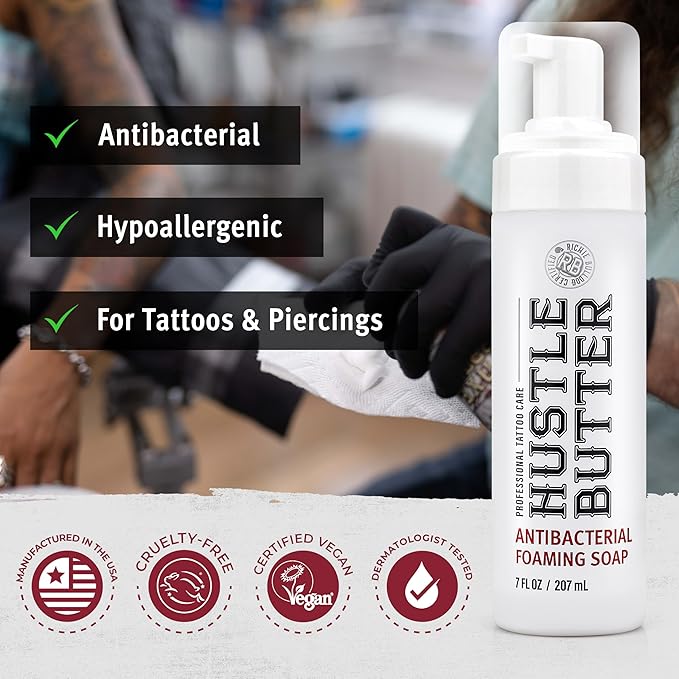 Hustle Butter Tattoo Soap & Aftercare Balm - Antibacterial Soap, Safe To Use While Healing, Vegan, No Petroleum - 5 Ounce Balm & 7 Ounce Tattoo Wash Kit