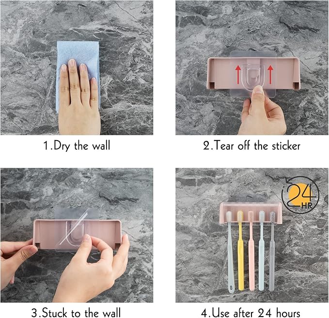 5 Slots Wall Mount Toothbrush Holder with Cover, Self Adhesive Toothbrush Storage Organizer for Shower, Toothbrush Hanger for Bathroom, Medicine Cabinet, Dorm (Pink)
