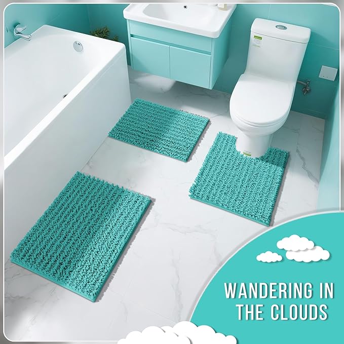 Yimobra Bathroom Rugs Non Slip Washable 32x20 Inch - Ultra Soft Absorbent Chenille Bath Mat, Quick Dry Shaggy Floor Carpet for Tub Shower, Lake Blue Home Decor Accessories