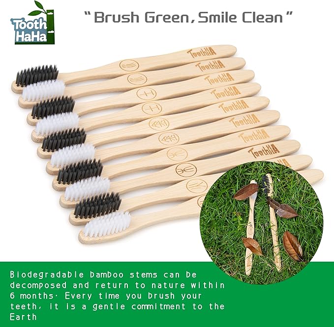 Bamboo Toothbrush Individually Sealed 10 Count, BPA-Free Soft Bristles Toothbrushes for Adults, Eco-Friendly, Natural Charcoal Wooden Toothbrush