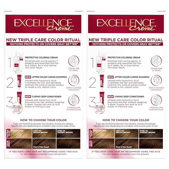 L'Oreal Paris Excellence Crème Permanent Hair Dye, Triple Care Hair Color with Pro-Keratine Complex for 100% Gray Hair Coverage, 5 Medium Brown, 1 Kit (Pack of 2)