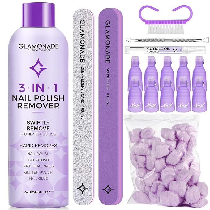Acetone Nail Polish Remover Kit: Soak off Gel Polish Remover Includes Nail Cuticle Oil, Nail Clips Set, Nail File, Cotton Pads, Nail Buffer Block, Cuticle Peeler and Nail Brush(8 Fl.Oz.)