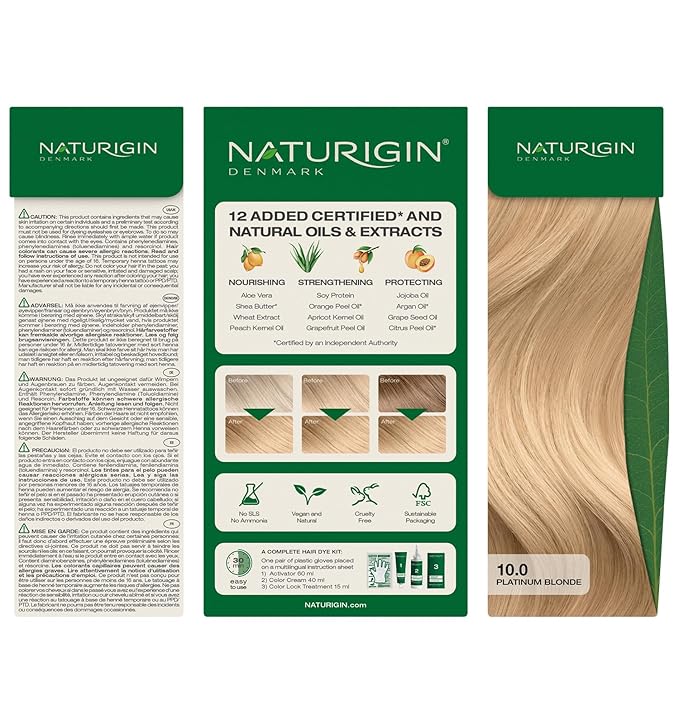 Naturigin Permanent Hair Color, 10.0 Platinum Blonde, Ammonia Free, 100% Gray Coverage, Nourishing Natural Formula, For All Hair Types, Long-Lasting, Vegan & Cruelty-Free, 1 Pack