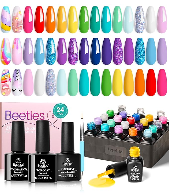 Beetles Christmas Gel Nail Polish Set, 24 Pcs Purple Blue Hot Red Gel Nail Polish Green Glitter Gel Polish Unicorn Collection Soak off UV with Glossy & Matte Top Base Gift for Women