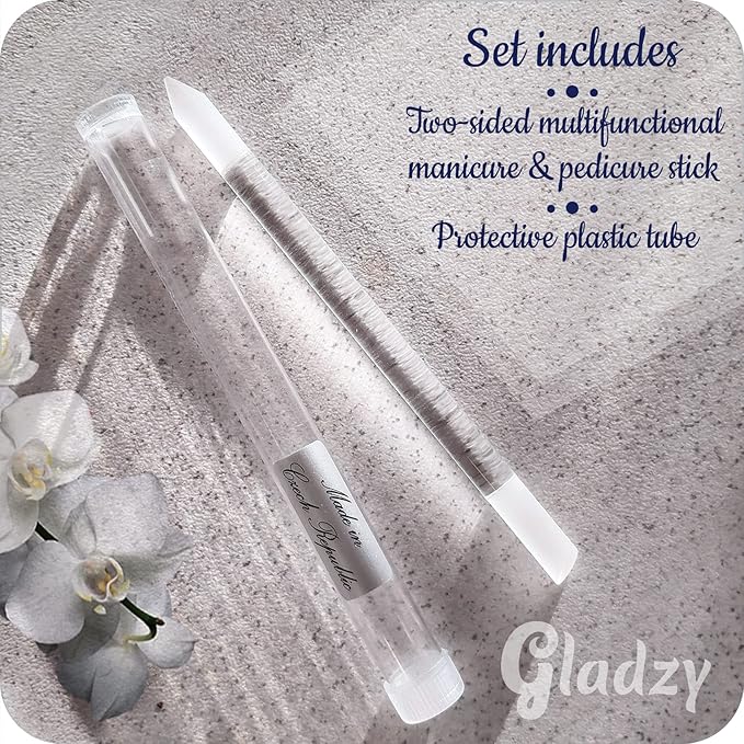 GLADZY Glass Cuticle Pusher Tool - Dual Ended Manicure Stick, Etched Crystal Glass Cuticle Remover, Callous and Dry Skin Fingertip File, Nail Shaper, Professional Nail Care, Ethically Made in EU