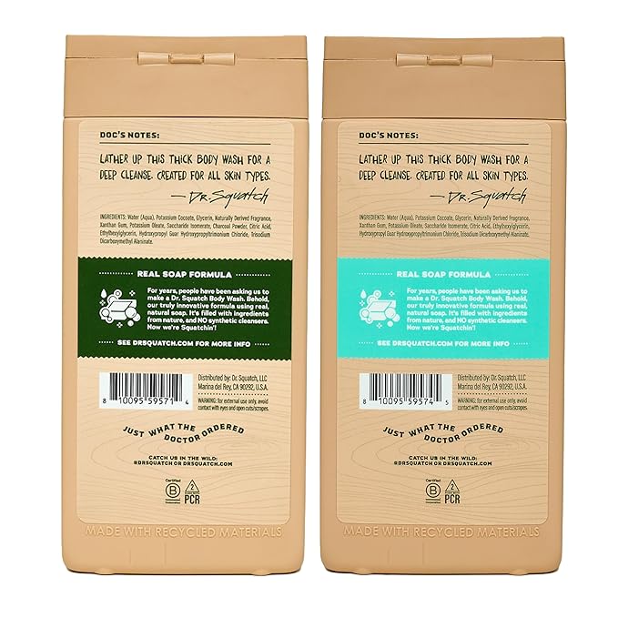 Dr. Squatch NEW Body Wash for Men with Nourishing, Natural Ingredients | No Paraben, Phthalate, Sulfate | All Day Moisture | Long Lasting Scent | Pine Tar & Coconut Castaway (14 oz, 2-Pack)