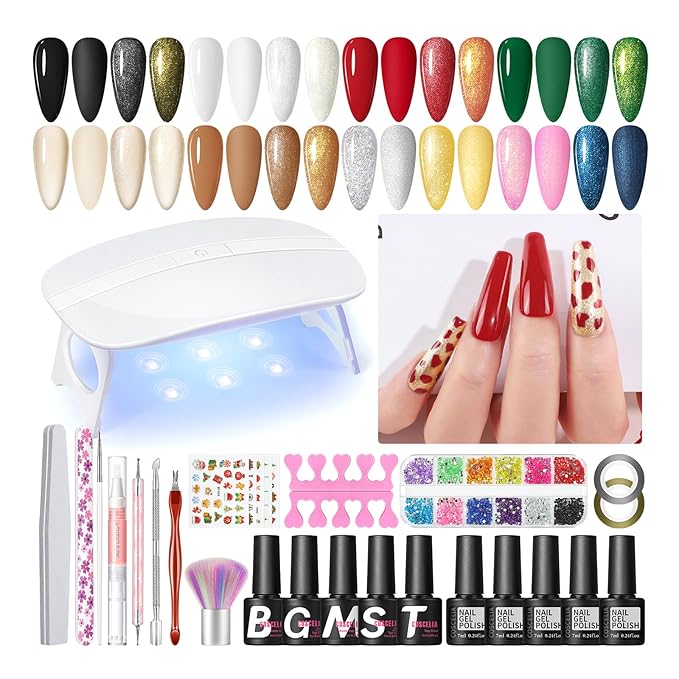 COSCELIA Christmas Gel Nail Polish kit with U V Light Starter Kit 10 Colors Gel Polish Top Base Coat Glitter Decorations Nail Art Gel Manicure Kit DIY Gifts for Women Teens