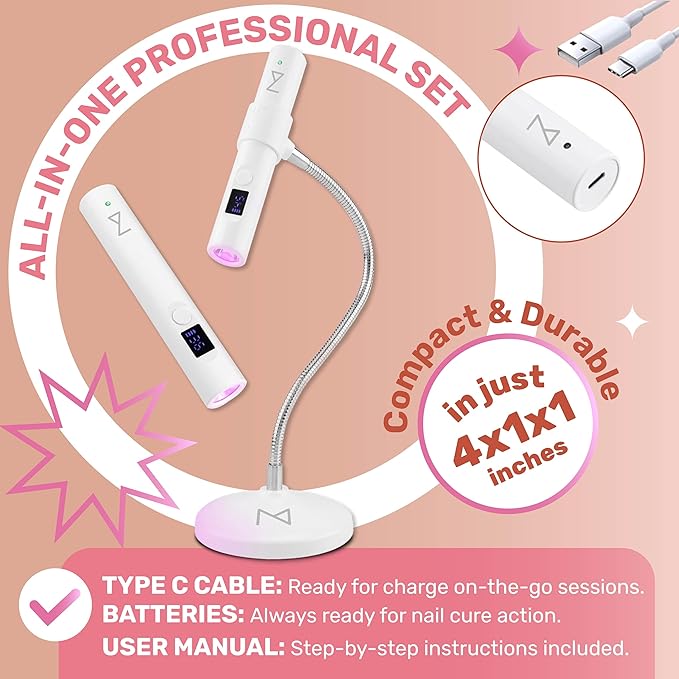 M - GlamCure GO Nail Flash Cure Lamp with Focus Beam Technology, Touch Screen - LED & UV Nail Light - Curing Lamp for Gel Nails, Acrylic, Builder - Portable & Adjustable