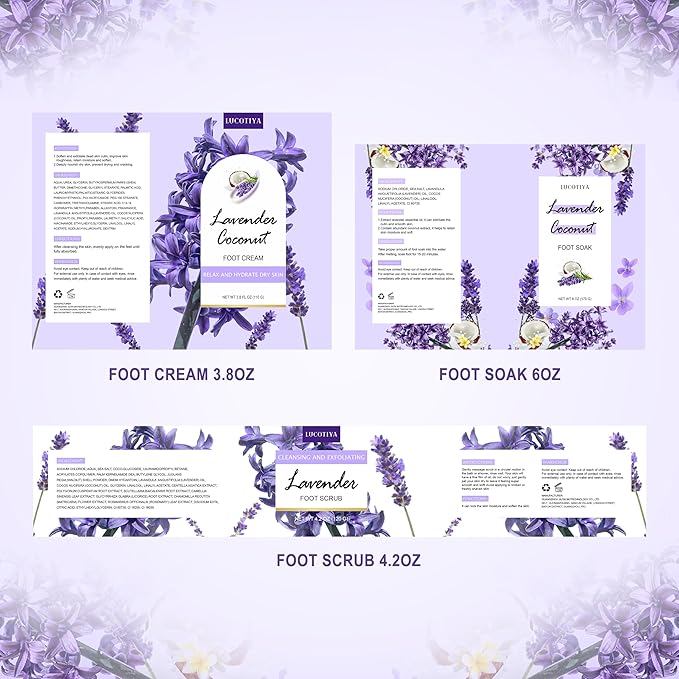 Lavender Foot Soak Set - Salts, Foot File, Scrub & Urea Cream Pedicure Supplies for Dry, Cracked Feet - Women's Spa Kit