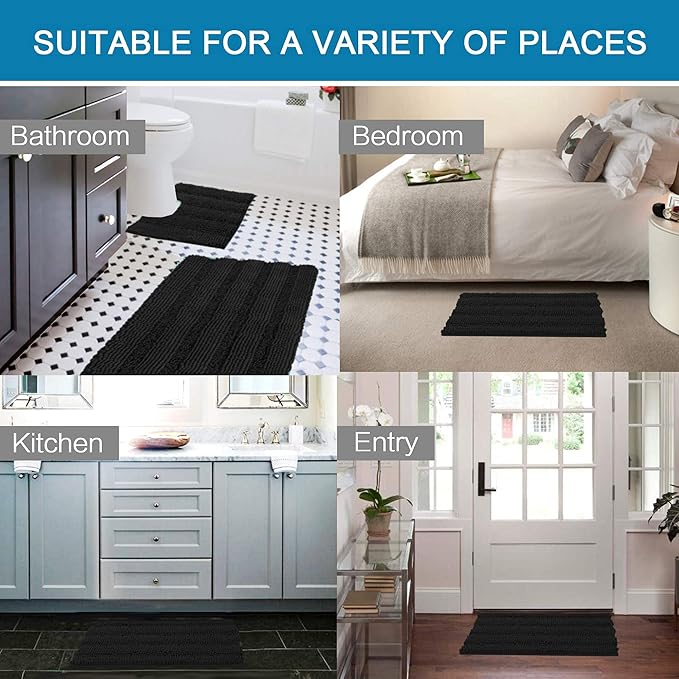 H.VERSAILTEX Bathroom Rugs Bath Rug Set 2 Piece Bathroom Contour Rug Toilet Mat Sets Non Slip Contour Bath Rug Ultra Thick Water Absorbent Striped Bath Mats Washable(36" x 24" Plus 20" x 24" U, Black)